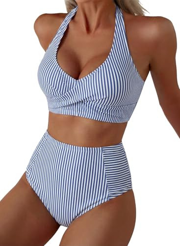 Herseas Women's High Waisted 2 Piece Bikini Sets Twist Front Halter Patch Pocket Padded Swim Suits Striped Wireless Bathing Suit Vintage Holiday Outfits 2026 Summer Blue Stripe Large | Amazon (US)