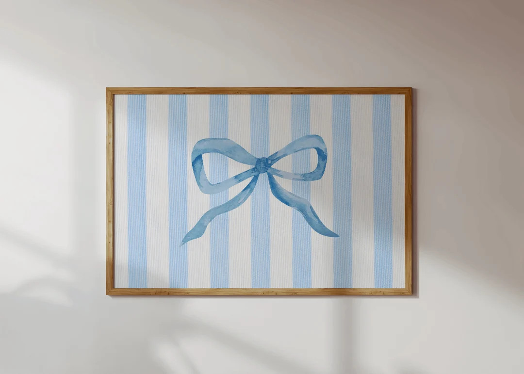 Blue Bow Horizontal Vintage Beachy Ribbon Stripe Dorm Room Decor Coastal Cowgirl Print Coastal Gr... | Etsy (US)