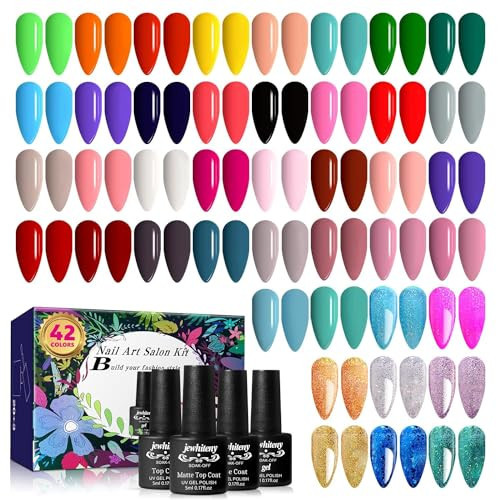 JEWHITENY 45PCS Gel Nail Polish Kit, 42 Colors 5ML Gel Polish Nude Gray Pink Blue Soak Off Glitter Nail Art Starter Kit Beauty Gifts Set for Women Girls Valentines Mother's Day Gift | Amazon (US)