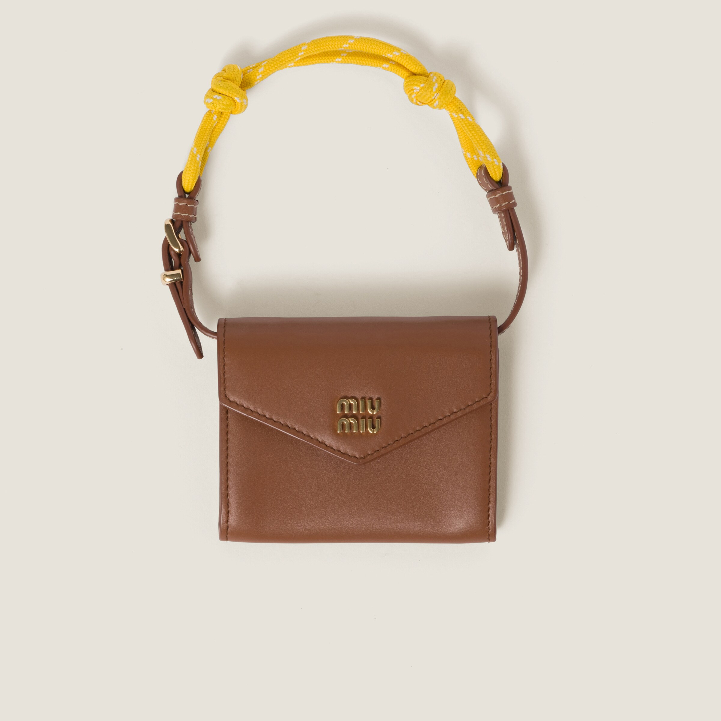 Cognac/yellow Leather Wallet With Leather And Cord Shoulder Strap | Miu Miu | Miu Miu US