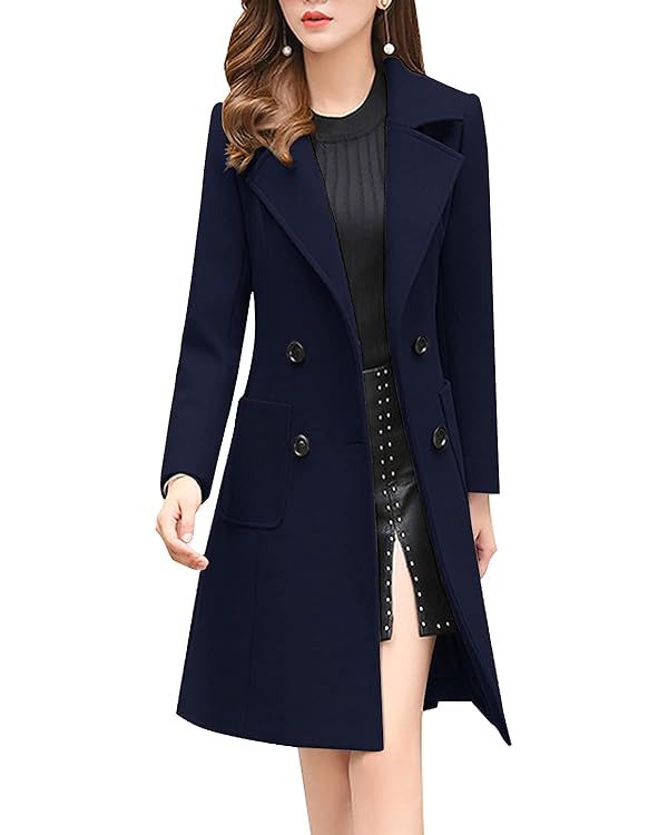 chouyatou Women Elegant Notched Collar Double Breasted Wool Blend Over Coat | Amazon (US)