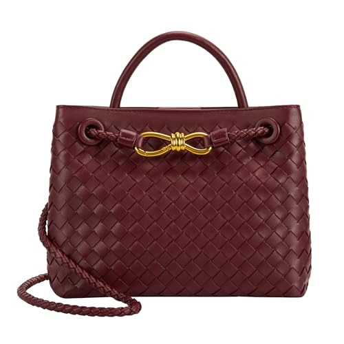 Woven Tote Bag for Women Leather Shoulder Handbag Designer Top Handle Purses(Burgundy) | Amazon (US)