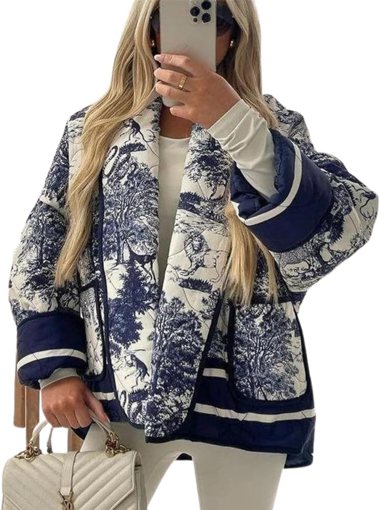 Eisctnd Women's Cropped Puffer Quilted Jacket Cardigan Floral Printed Lightweight Long Sleeve Sho... | Amazon (US)