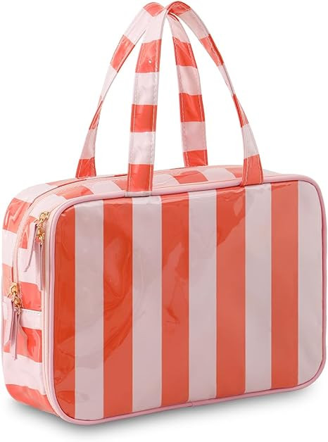Travel Toiletry Bag for Women, Waterproof Clear Coated Portable Stripe Makeup Cosmetic Bag with C... | Amazon (US)