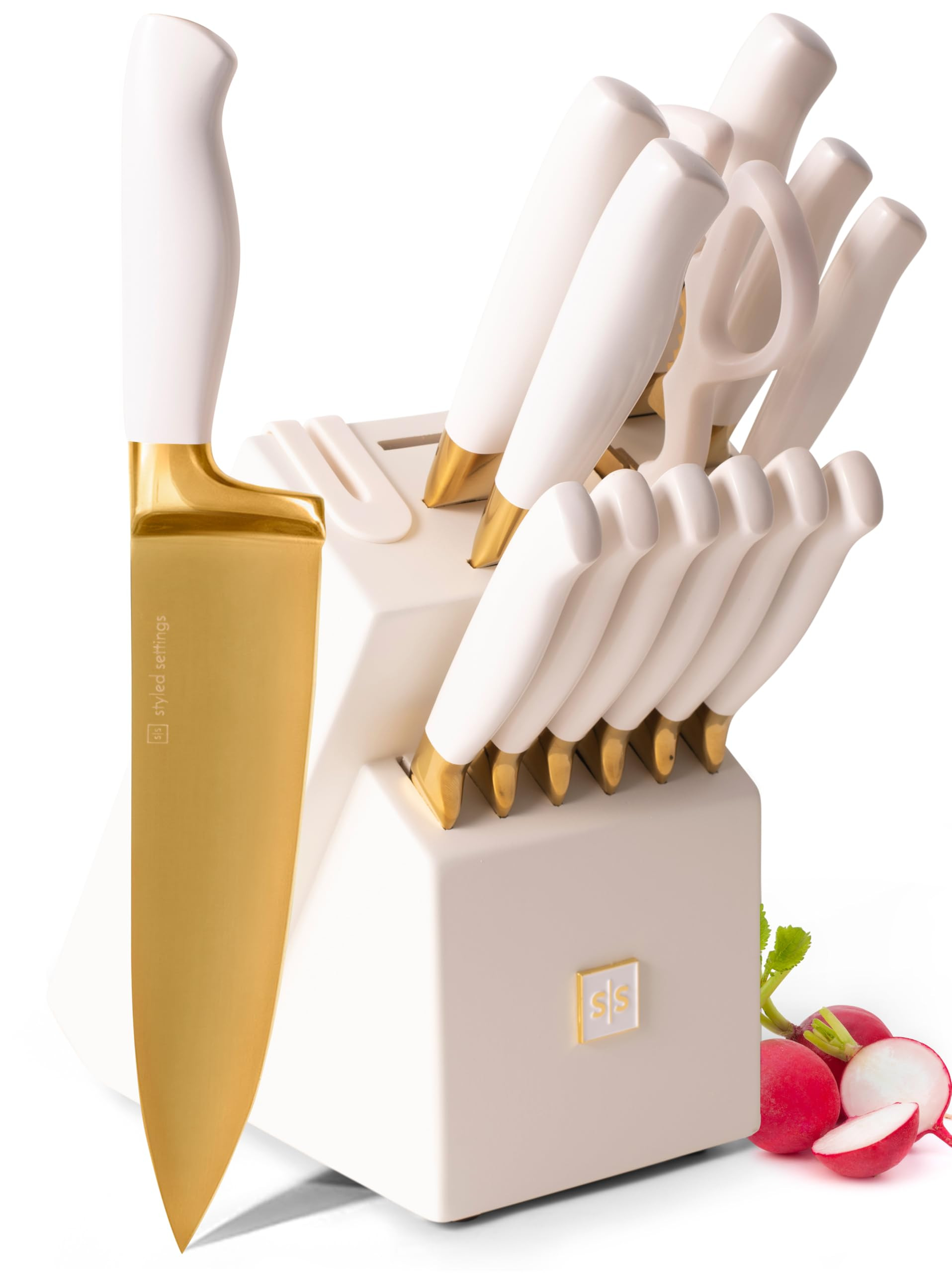Gold Knife Set with Block Self-Sharpening – 14-Piece Titanium Coated Gold and Off-White Kitchen... | Amazon (US)