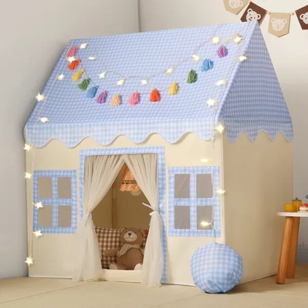 Wilwolfer Kids Play Tent Indoor: with Blue Checkered, Mat, Rainbow Tissue Garland, Star Lights - Toddlers Kids Toys for Boy Girl Birthday Gift for Kids | Walmart (US)
