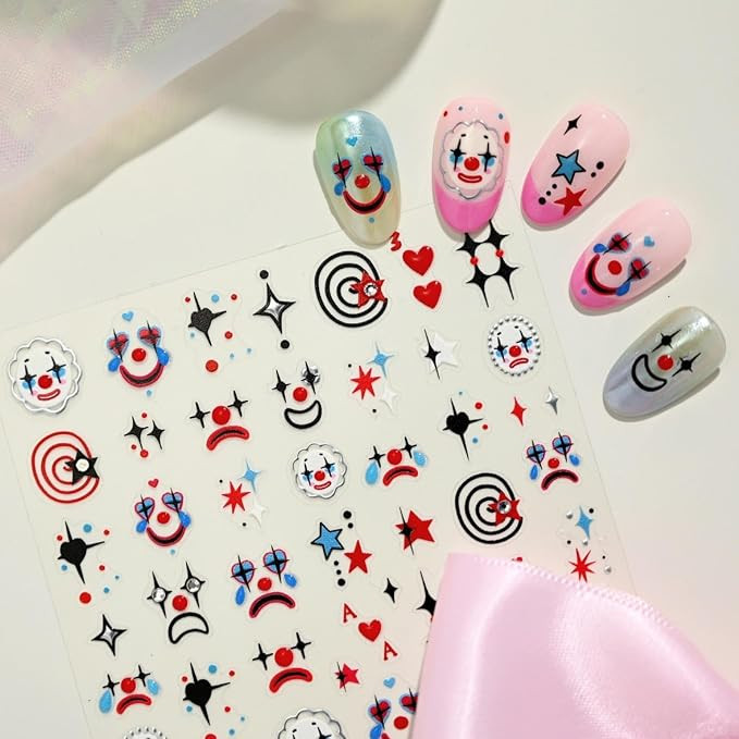 Halloween Nail Stickers 5D Embossed Clown Nail Art Stickers 3D Self Adhesive Red Blue Black Gothi... | Amazon (US)