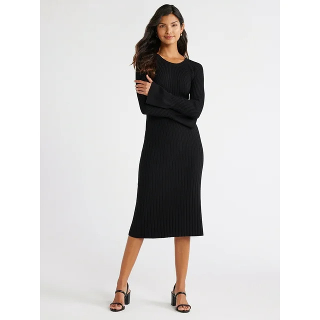 Free Assembly Women's Radiating Ribbed Midi Dress with Long Sleeves, Sizes XS-XXXL | Walmart (US)