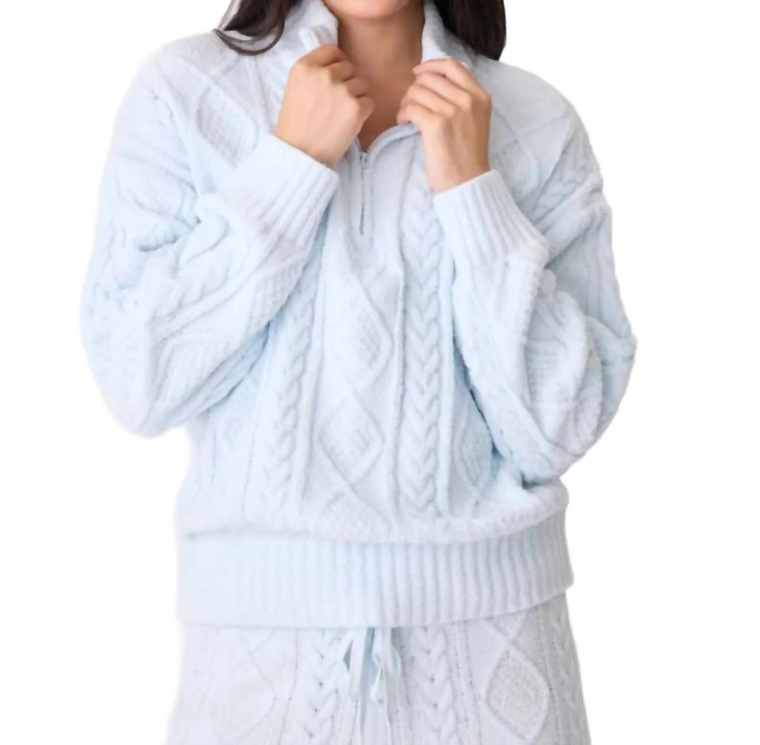 Chenille Cozy Cable Crew Zip Sweater In Blue Air | Shop Simon