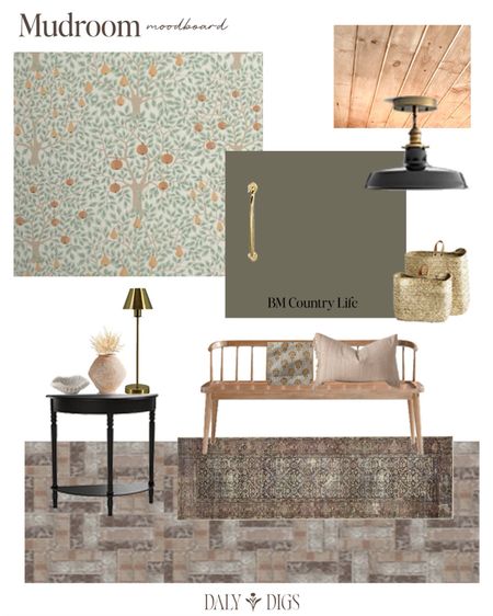 Our farmhouse mudroom mood board with organic wallpaper and green cabinetry and Millwork. Basketweave brick flooring and a farmhouse bench. #mudroom #farmhousemudroom #greenmudroom

#LTKhome