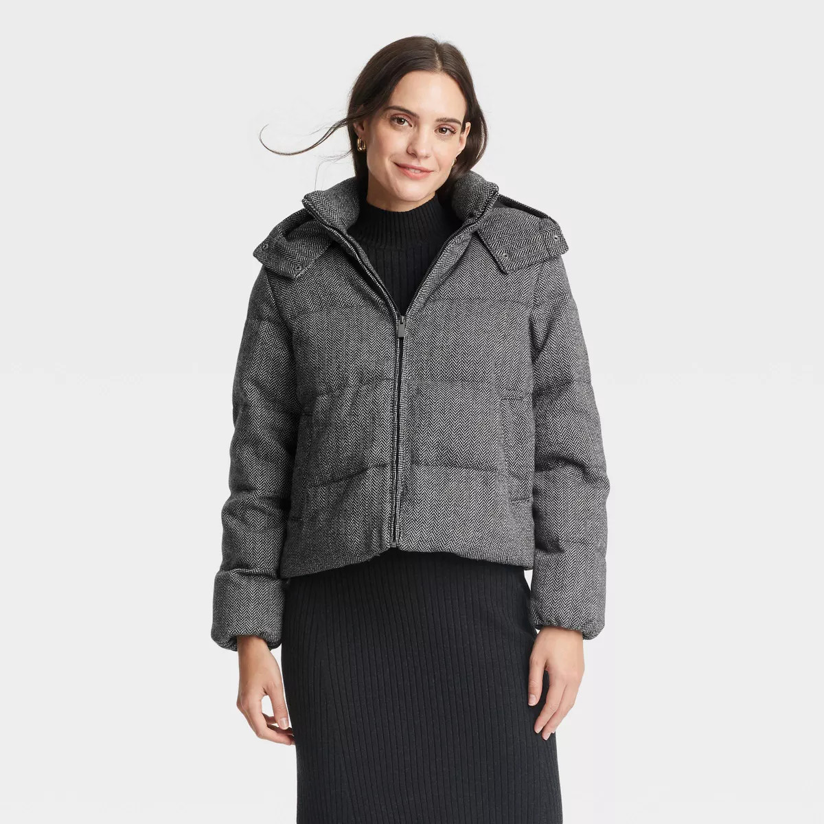 Women's Hooded Puffer Jacket - A New Day™ Gray Herringbone XL | Target