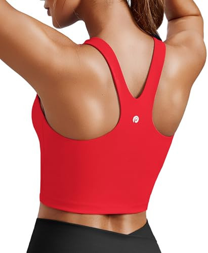 PINSPARK Sports Bras for Women Removable Padded Yoga Tank Tops Sleeveless Fitness Workout Crop Tops High Neck Gym Bra, Red Medium | Amazon (US)