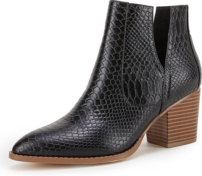 Kathemoi+Coutgo Womens Slip on Ankle Boots V Cutout Pointed Toe Chunky Stacked Mid Heel Booties | Amazon (US)