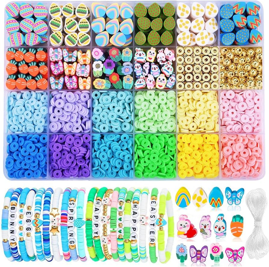 2480pcs Easter Polymer Clay Beads Bracelet Making kit, 24 Style Cute Fun Beads Charms for Jewelry... | Amazon (US)