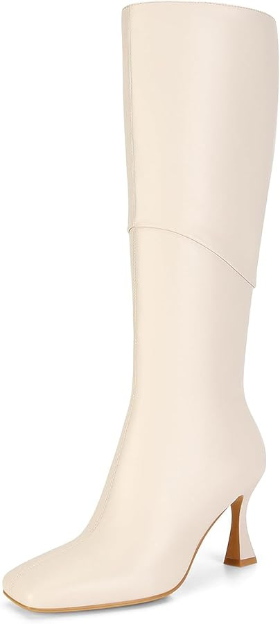 DOEYG Black Leather Knee High Boots for Women Kitten Heel Tall Boots Square Toe Stiletto Heels He... | Amazon (US)
