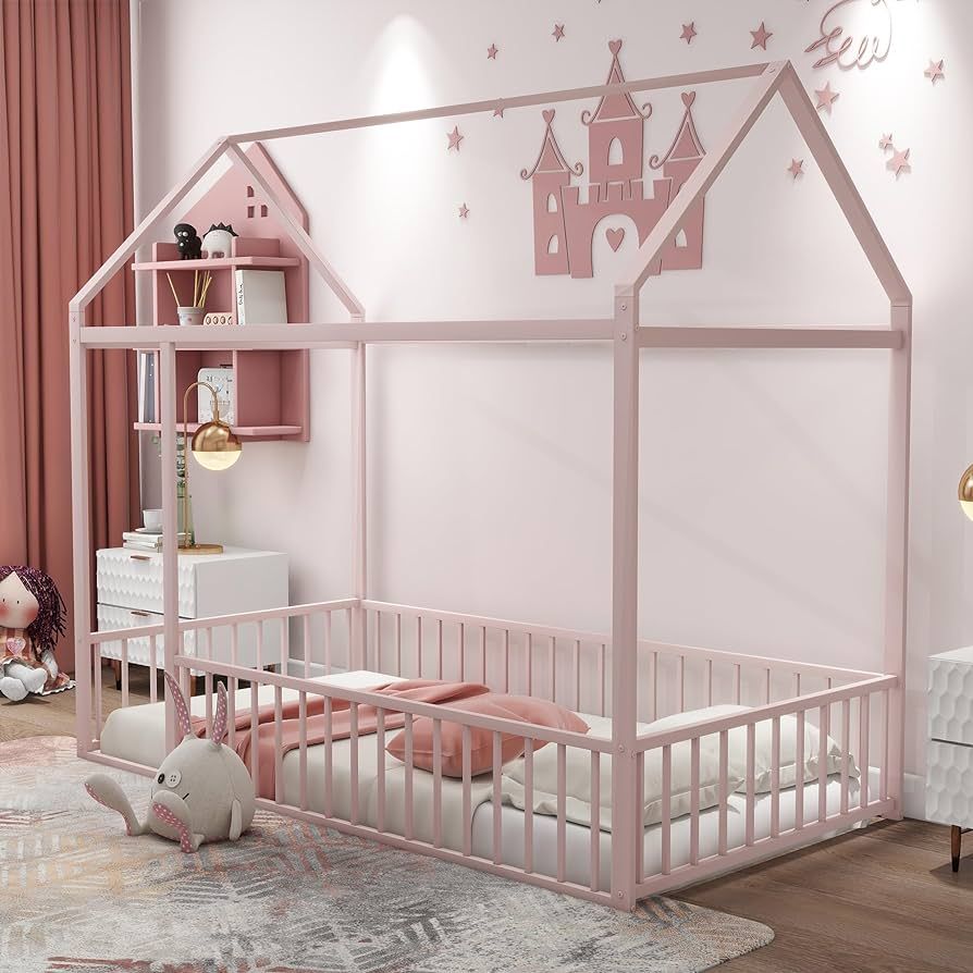 Bellemave Twin Size Montessori Floor Bed, Metal House Bed Frame, House Floor Bed for Kids, Montes... | Amazon (US)