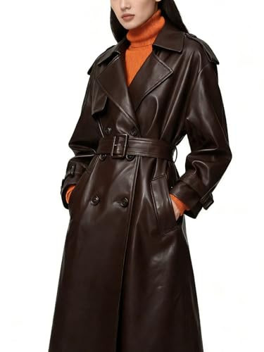 utcoco Womens Long Faux Leather Trench Coat Double Breasted Belted Jacket (X-Small, Brown) | Amazon (US)