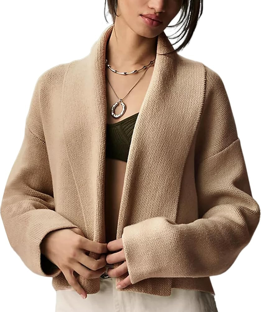 Flygo Women's Cropped Cardigan Sweater Oversized Shawl Lapel 2025 Fall Fashion Open Front Sweater... | Amazon (US)