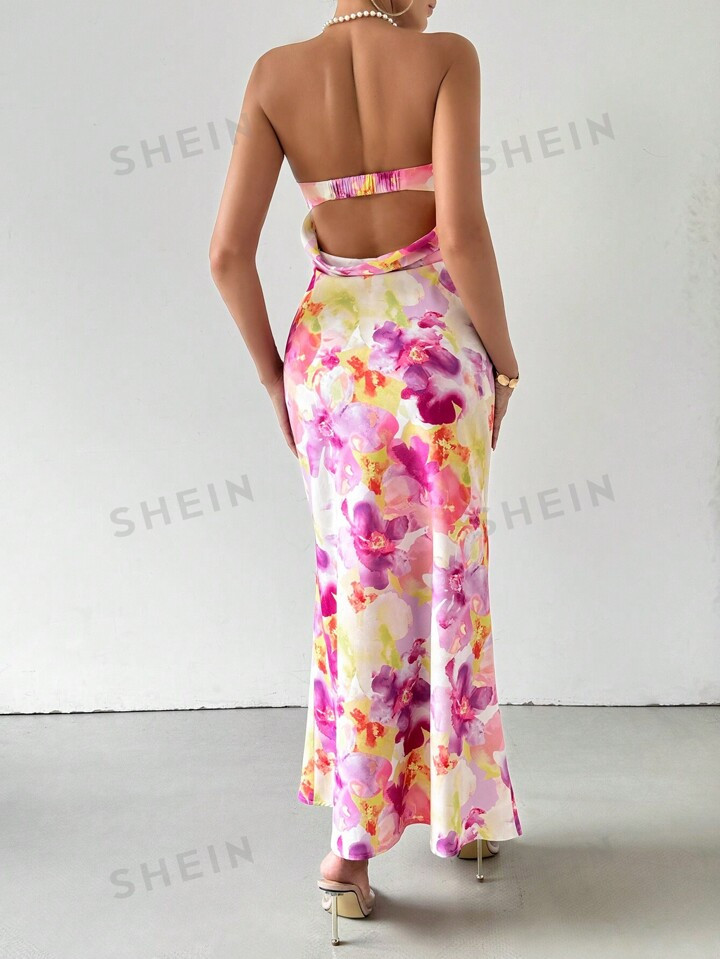 SHEIN Privé Privé Spring Break Floral Print Draped Backless Tube Maxi Dress | SHEIN