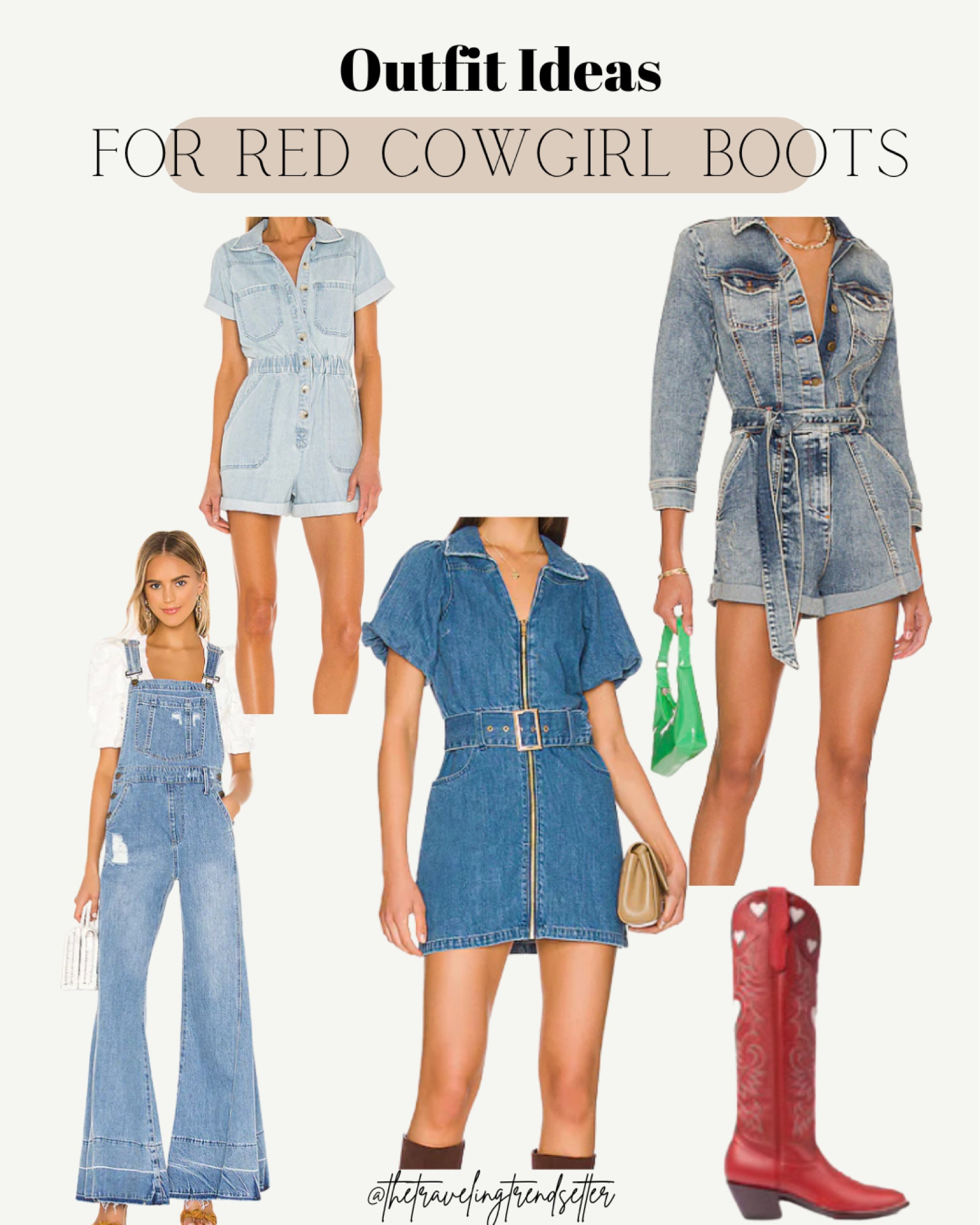 Outfit ideas for red boots - denim romper - denim dress - denim overalls - country concert - rodeo - western - revolve - show me your mumu - free people - spring - summer - denim - dress 

#LTKtravel #LTKstyletip #LTKworkwear