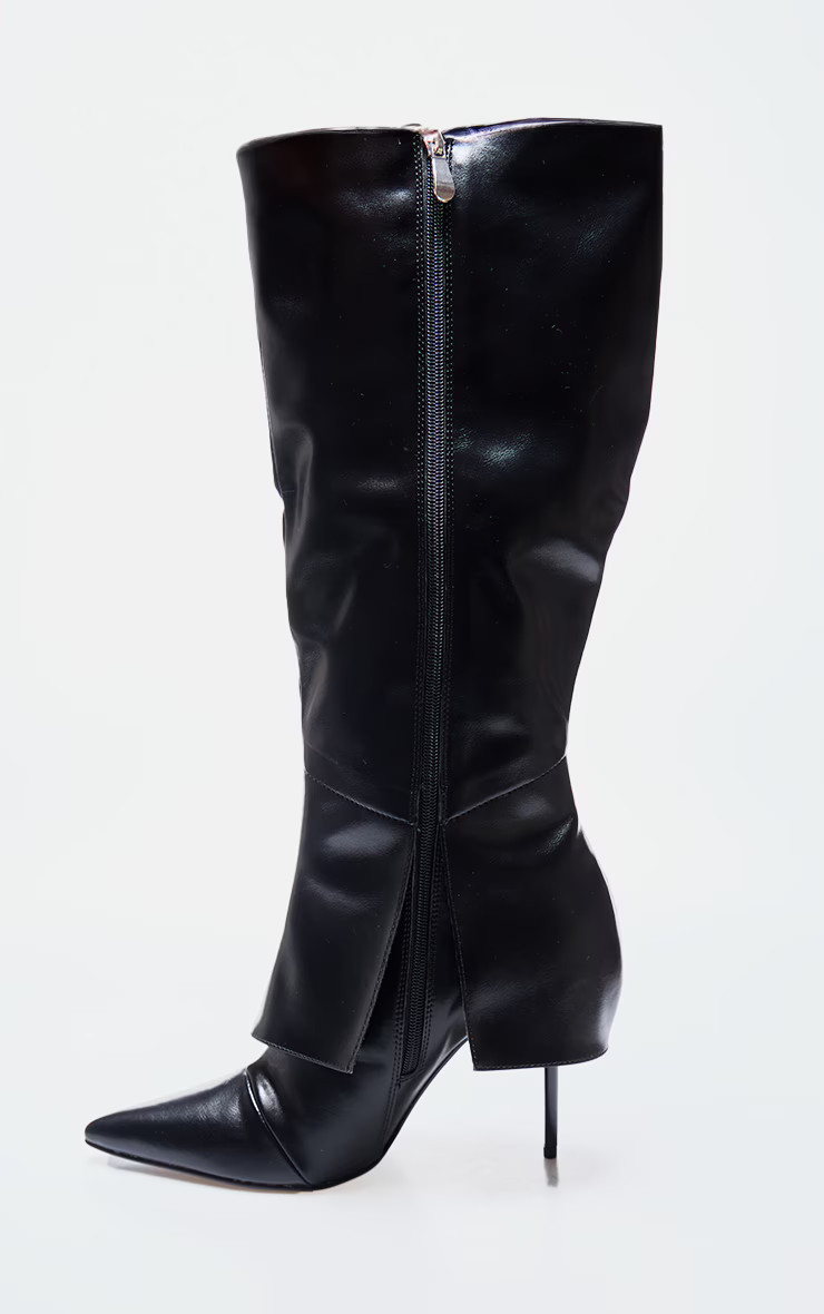 Black PU Point Toe Fold Over Zip Detail High Stiletto Heeled Boots | PrettyLittleThing UK