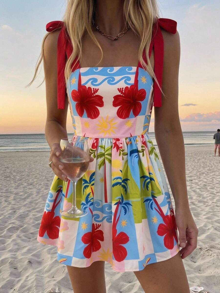 Vivid Eden Women's Tropical Print Bow Strap A-Line Mini Dress For Vacation, Sleeveless Casual Bea... | SHEIN