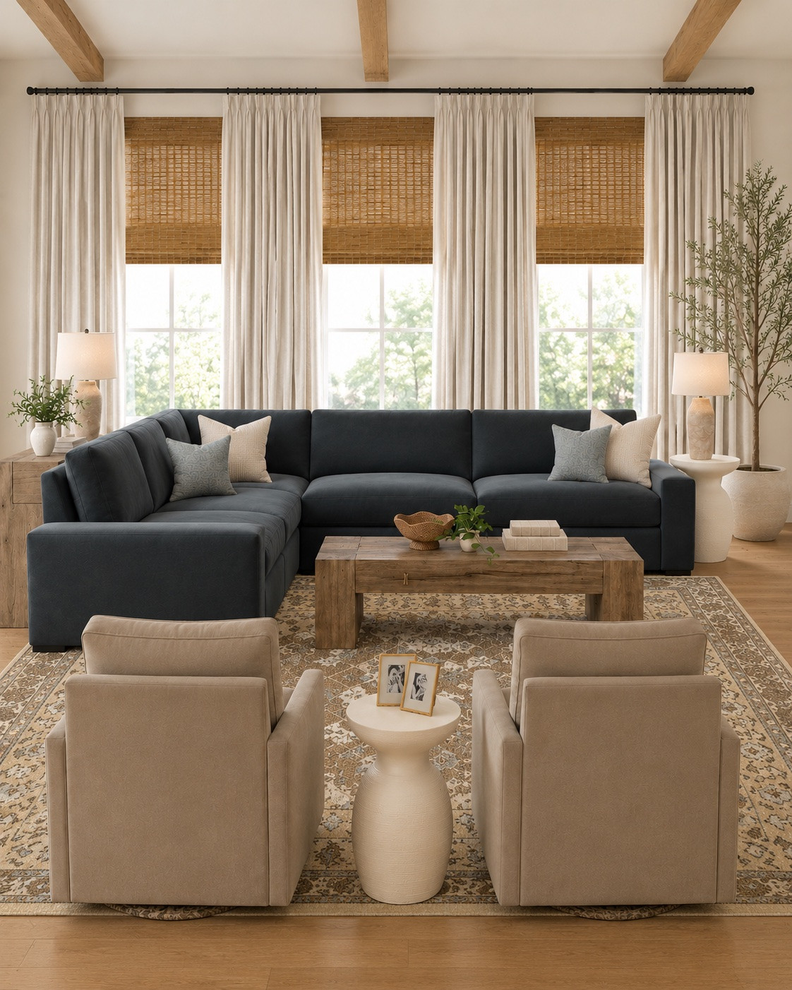 living room, sectional sofa, navy sectional, modular sectional, coastal living room, modern coastal, neutral home decor, blue and neutral decor, swivel chairs, accent chairs, wood coffee table, rustic coffee table, vintage style rug, washable rug, area rug, bamboo shades, linen curtains, light wood beams, home decor, living room inspiration, interior design, organic modern, transitional style, Serena and Lily style, Studio McGee style, McGee and Co, Nancy Meyers aesthetic, cozy living room, timeless home decor, home inspiration

@Quince

#LTKdayinmylife #LTKSeasonal #LTKHome
