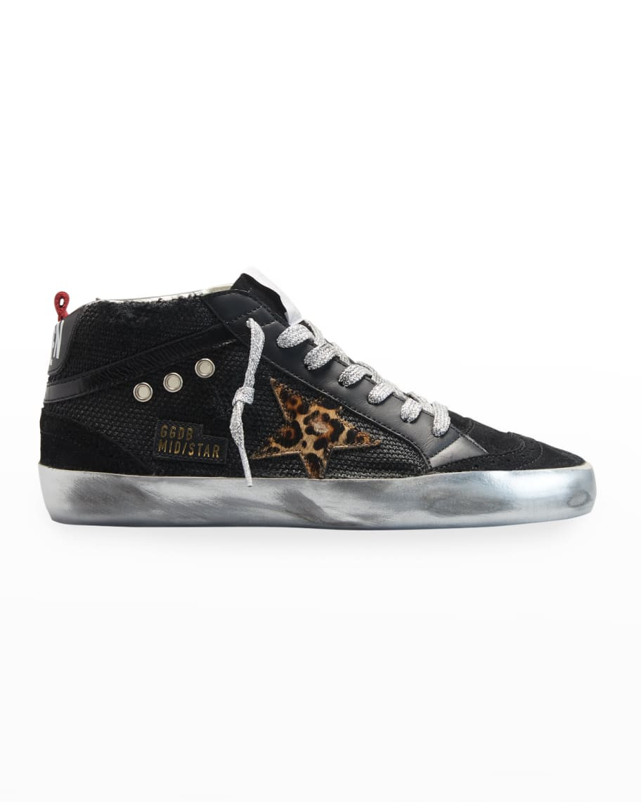 Golden Goose Mid Star Mixed Leather Leopard-Print Sneakers | Neiman Marcus