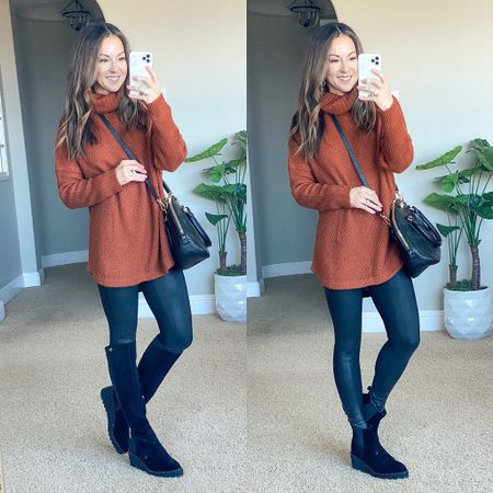 SALE save 20% on my boots and anything from the CeceliaNY store code EVERYDAY20  Fall outfit inspo l tall black boots l booties l tunic sweater S l Spanx faux leather leggings petite XS l
Go up a 1/2 size in boots & booties 
Petite outfit • fall style • sweater & leggings. • leggings outfit 

#LTKSeasonal #LTKsalealert #LTKshoecrush