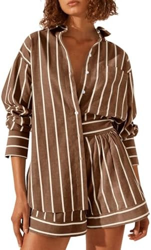 Tankaneo Womens 2 Piece Outfits Striped Long Sleeve Button Down Collared Shirt Matching Shorts Se... | Amazon (US)