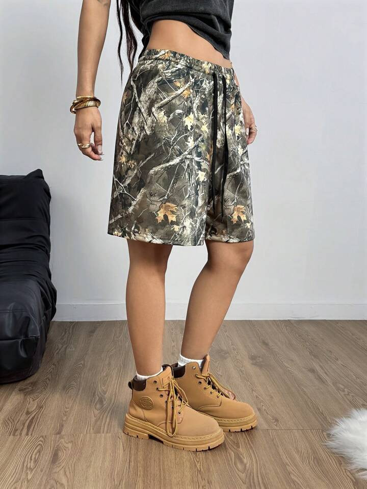 Coolane Women's Fashionable Street-Style Camouflage Knitted Shorts With Tree Branch Pattern For Spring And Summer,Women Boxer Shorts,Women Bottoms | SHEIN