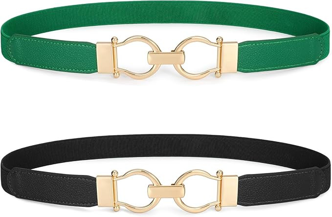 WHIPPY 2 Pack Skinny Elastic Belts for Women Thin Stretchy Waist Belt for Dresses with Gold Buckl... | Amazon (US)