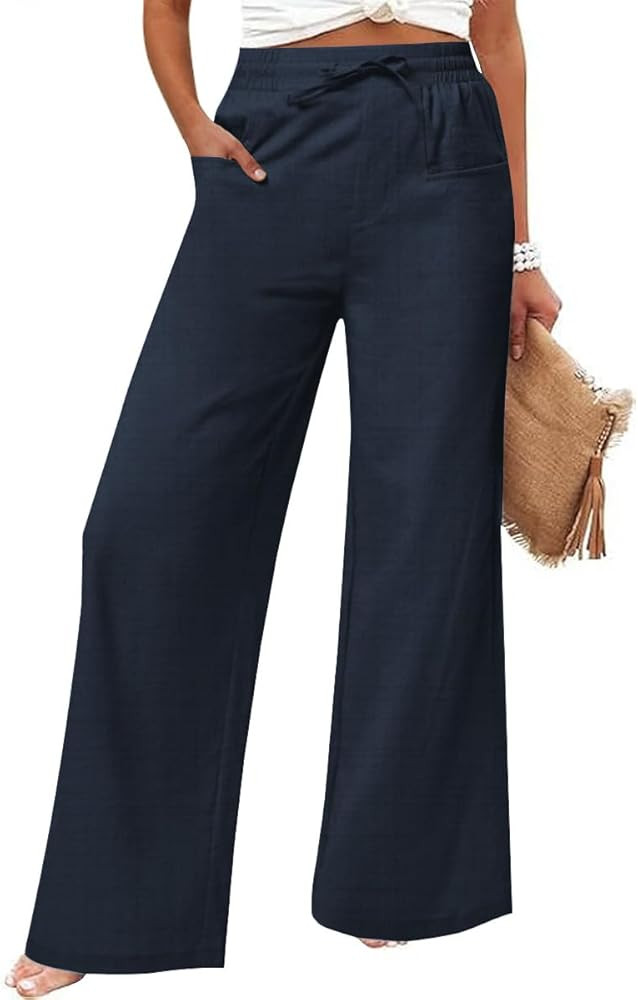 Women's Casual Linen Wide Leg Pants with Pockets Boho Palazzo High Waisted Drawstring Lounge Trou... | Amazon (US)