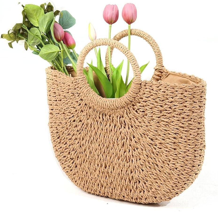 Handwoven Round Corn Straw Bags Natural Chic Beach Bag Tote & Flower Girl Basket Woven Bag Ideal ... | Amazon (US)