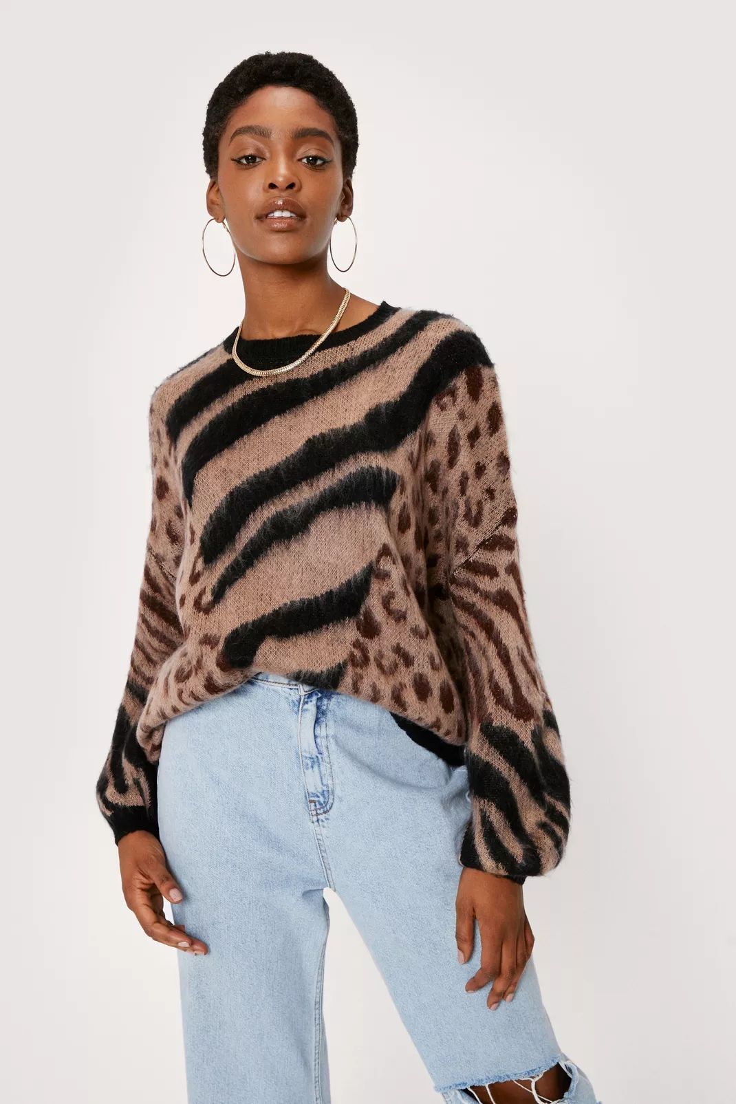 Mixed Animal Print Oversized Sweater | Nasty Gal (US)