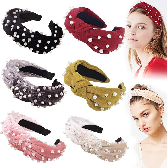 Ivyu Headbands Women Hair Head Bands, 6 Pcs Pearl Velvet Top Knot Turban Hairbands | Amazon (US)
