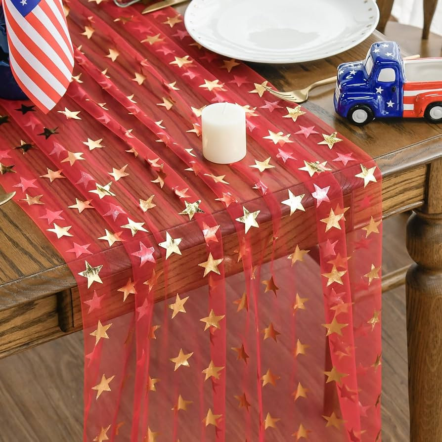 Artoid Mode Golden Stars Red Gauze Table Runner 120 Inch 10FT, 4th of July Sheer Dining Wedding H... | Amazon (US)