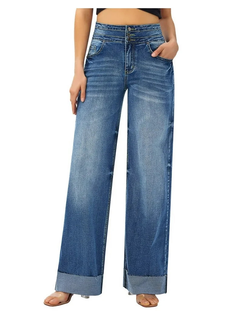roswear Women's Stretchy Wide Leg Jeans Cuffed Denim Pants, 30" Inseam, Size 4-16 | Walmart (US)