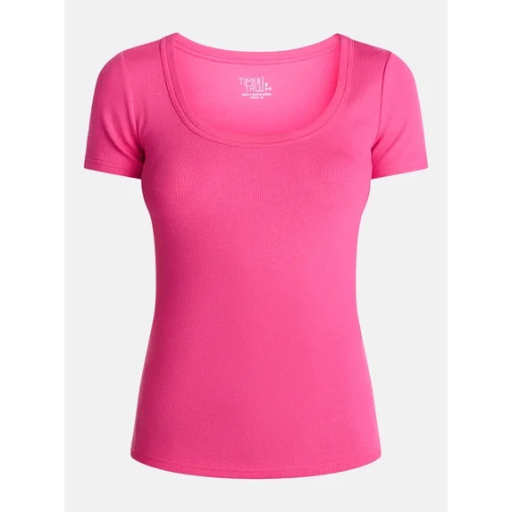 Time and Tru Women's Ribbed Scoop Neck Tee with Short Sleeves, Sizes XS-XXXL | Walmart (US)