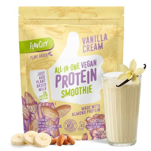FlavCity Vegan Almond Protein Shake Powder, Vanilla Cream + Reishi & Cordyceps Mushrooms - Focus, Skin, Hair & Joint Support - Organic Fruit All in One Smoothie On-the-Go, 20 Servings | Amazon (US)