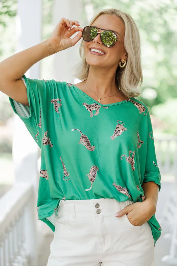 Take The Lead Kelly Green Cheetah Top | The Mint Julep Boutique