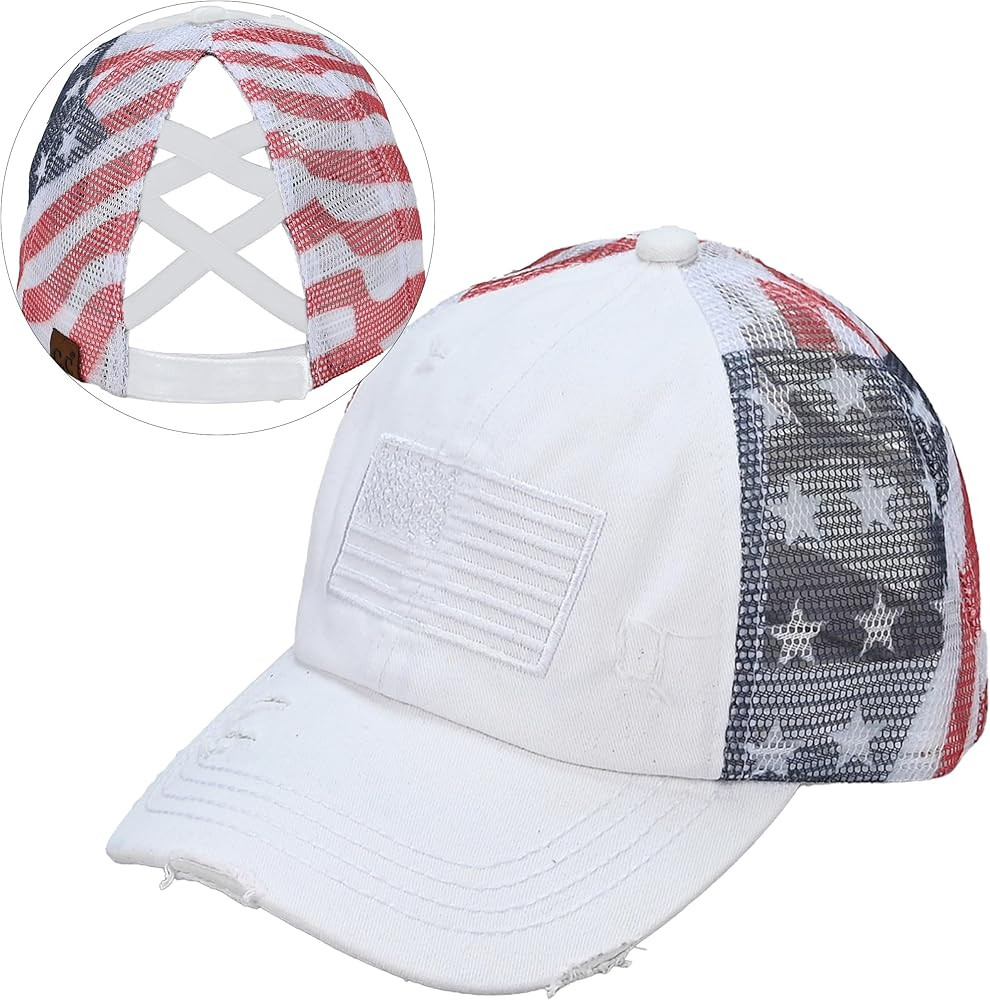 C.C Women's Criss-Cross Ponytail Baseball Cap – Embroidered Cotton Front, American Flag Mesh Ba... | Amazon (US)