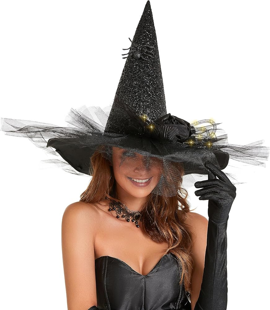 Halloween Women Witch Hat with LED Lights Costume Gauze Feathers Spiders Decoration for Festival ... | Amazon (US)