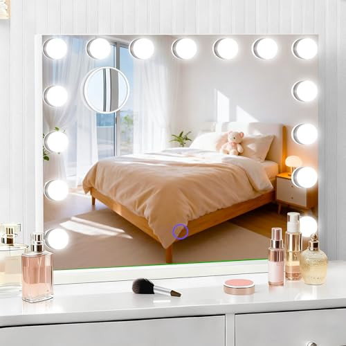 Amifiy Hollywood Vanity Mirror with Lights, 23" x 18" Lighted Makeup Mirror with 15 Led Bulbs, 3 Color Lights, 10x Magnification, Desk/Wall Mounted, Bedroom College Dorm Room Essentials | Amazon (US)