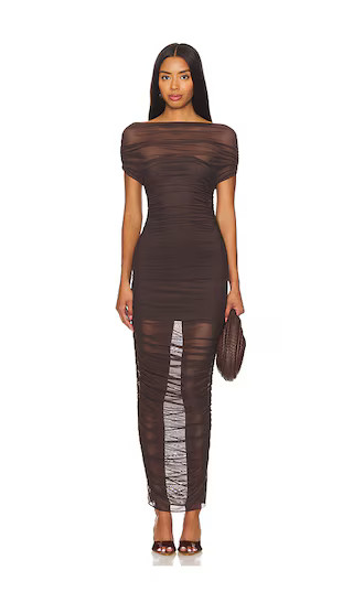 SEROYA Noel Off Shoulder Mesh Midi Dress in Chocolate. - size M | Revolve Clothing (Global)