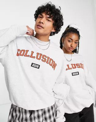 COLLUSION Unisex oversized pulled in sweatshirt with varsity print in grey marl | ASOS (Global)