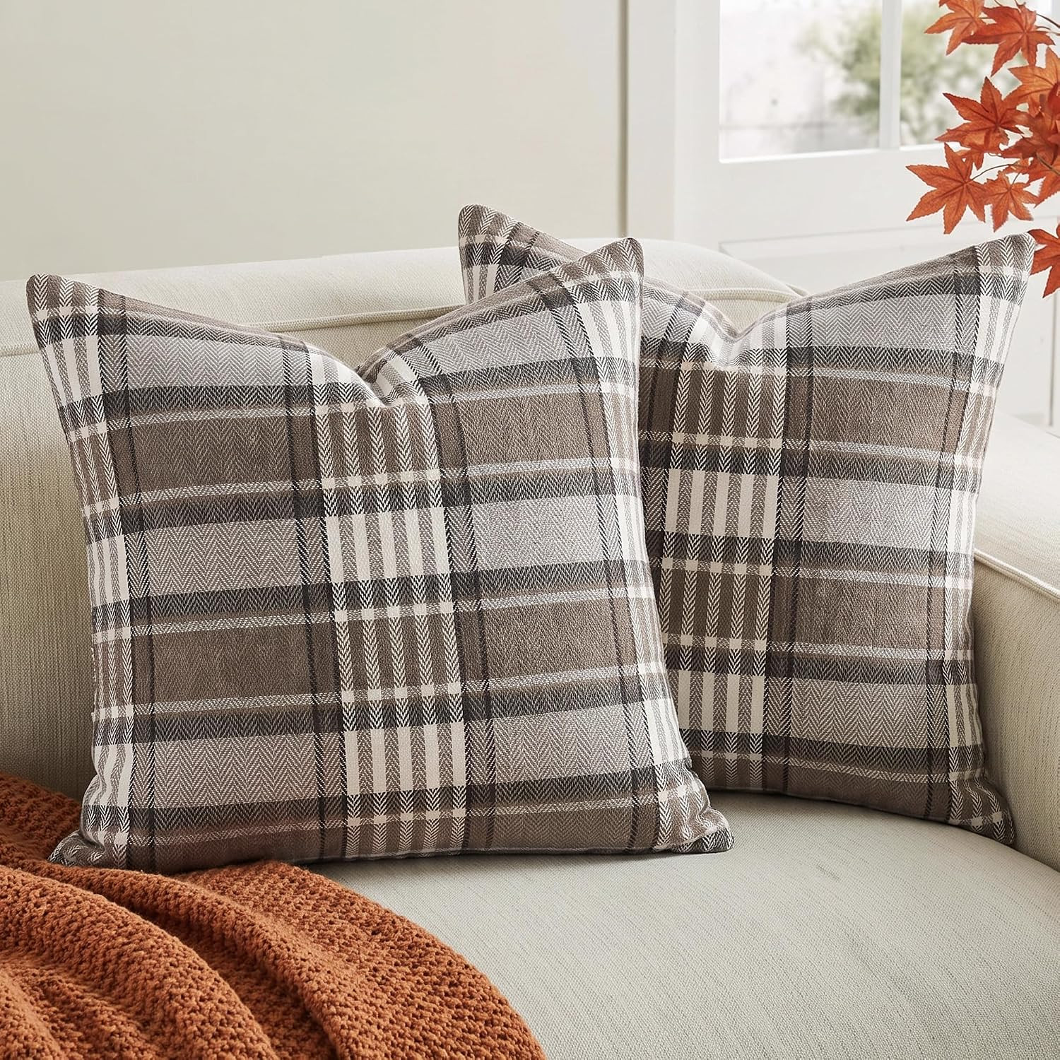 Brown Plaid Farmhouse Checkered Throw Pillow Cover 20x20 for Bed Couch Sofa | Amazon (US)