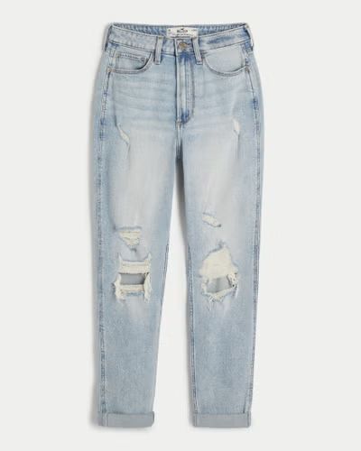Curvy Ultra High-Rise Ripped Light Wash Mom Jeans | Hollister (US)
