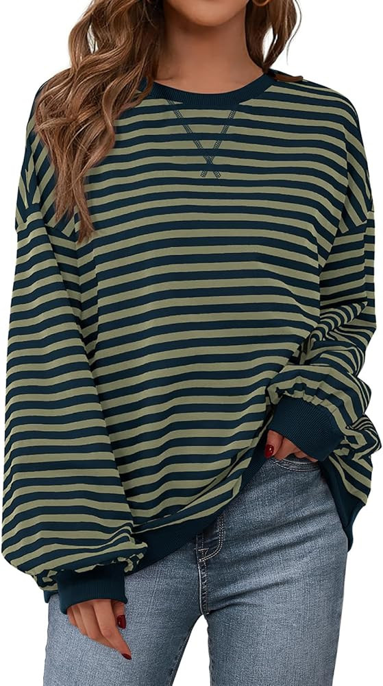 PRETTYGARDEN Womens Striped Oversized Sweatshirt Color Block Crew Neck Long Sleeve Casual Loose P... | Amazon (US)