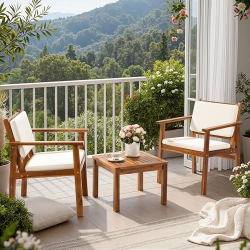 Flamaker Patio Chairs 3 Piece Acacia Wood Patio Furniture with Coffee Table & Cushions Outdoor Co... | Amazon (US)